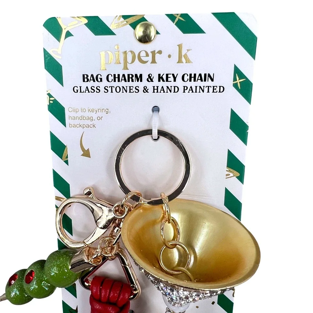 Piper K Martini Glass Olive‎ Bag Charm Keychain Rhinestone Cocktail Tassel NWT